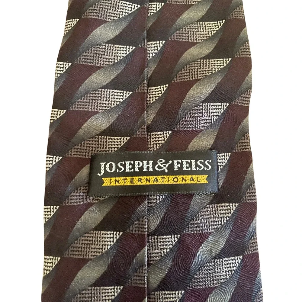 Joseph & Feiss International Mens Silk Tie‎ Burgundy Silver Grey Geometric Wavy